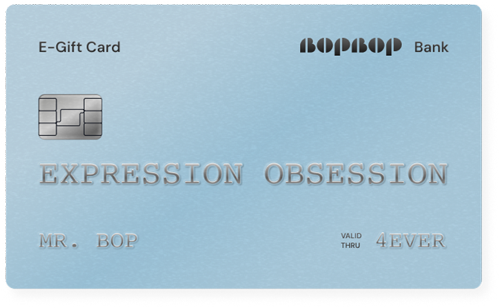 Blue e-gift card with 'BOPBOP' branding and text on a light blue background